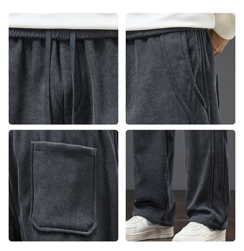 Winter Warme Fleece-Gefütterte Herren-Cordhose, Weite Gerade Hose mit Kordelzug und Elastischem Bund, Streetwear Braune Freizeithose für Männer – Detail 3