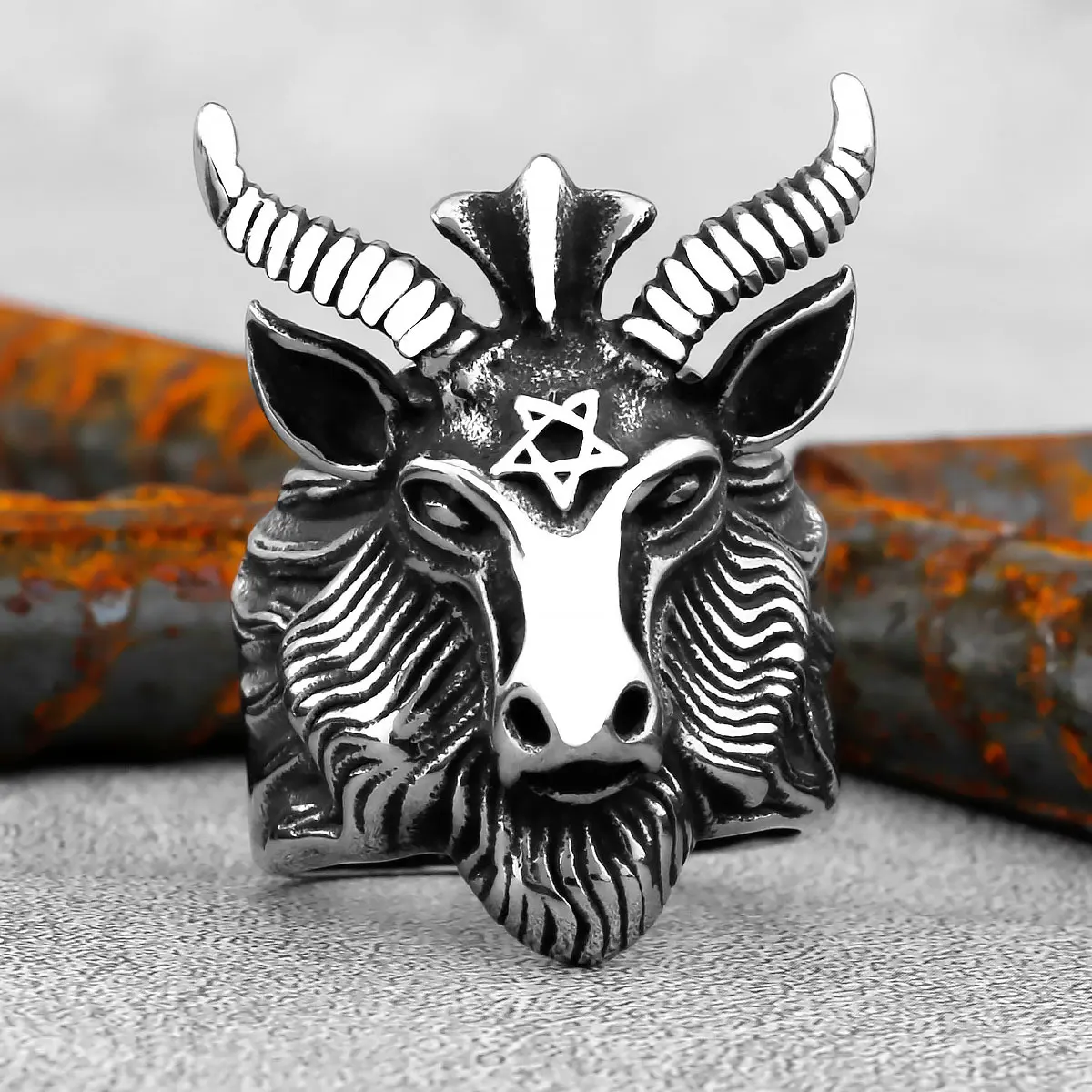 Vintage Satan Sign Pentagram Goat Head Ring Punk Gothic Style High Quality Metal Satan Goat Ring Charm Men\'s Punk Biker Jewelry