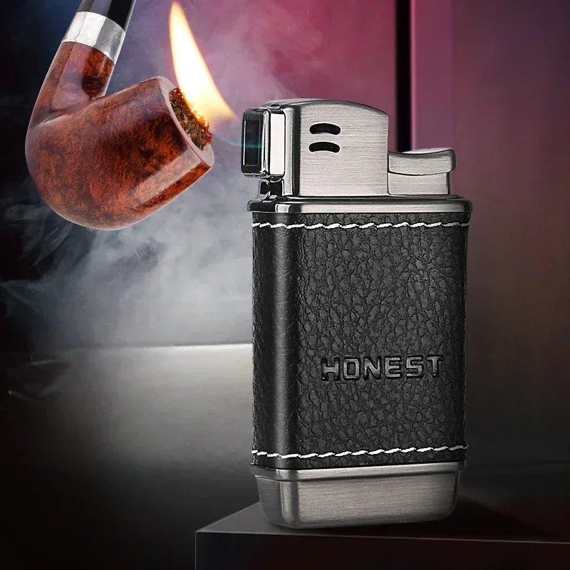 2025 HONEST Upscale Genuine Leather Metal Gas Cigar Lighter Oblique Out Open Flame Pipe Dedicated Cigarette Lighter Men's Gift