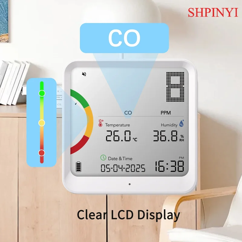Detektor CO Detektor Karbon Monoksida Waktu Nyata dengan Sensor Suhu & Kelembapan Alarm Layar LCD USB Rumah Mobil Kantor Perjalanan