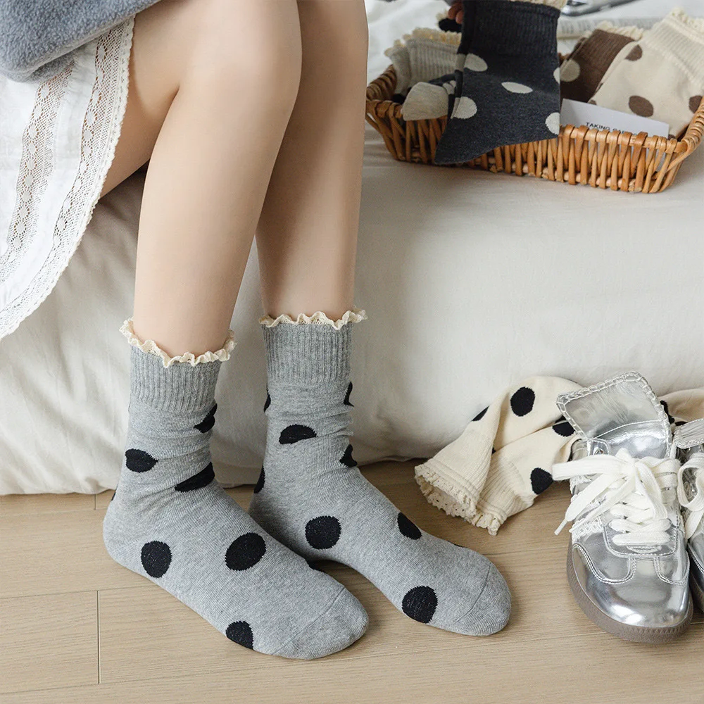 7 Pairs Fashion Dot Mid-calf Coquette Socks Autumn Cotton Sweet Cute Cozy Women's Warm Socks Female Spring Casual Warm Socks