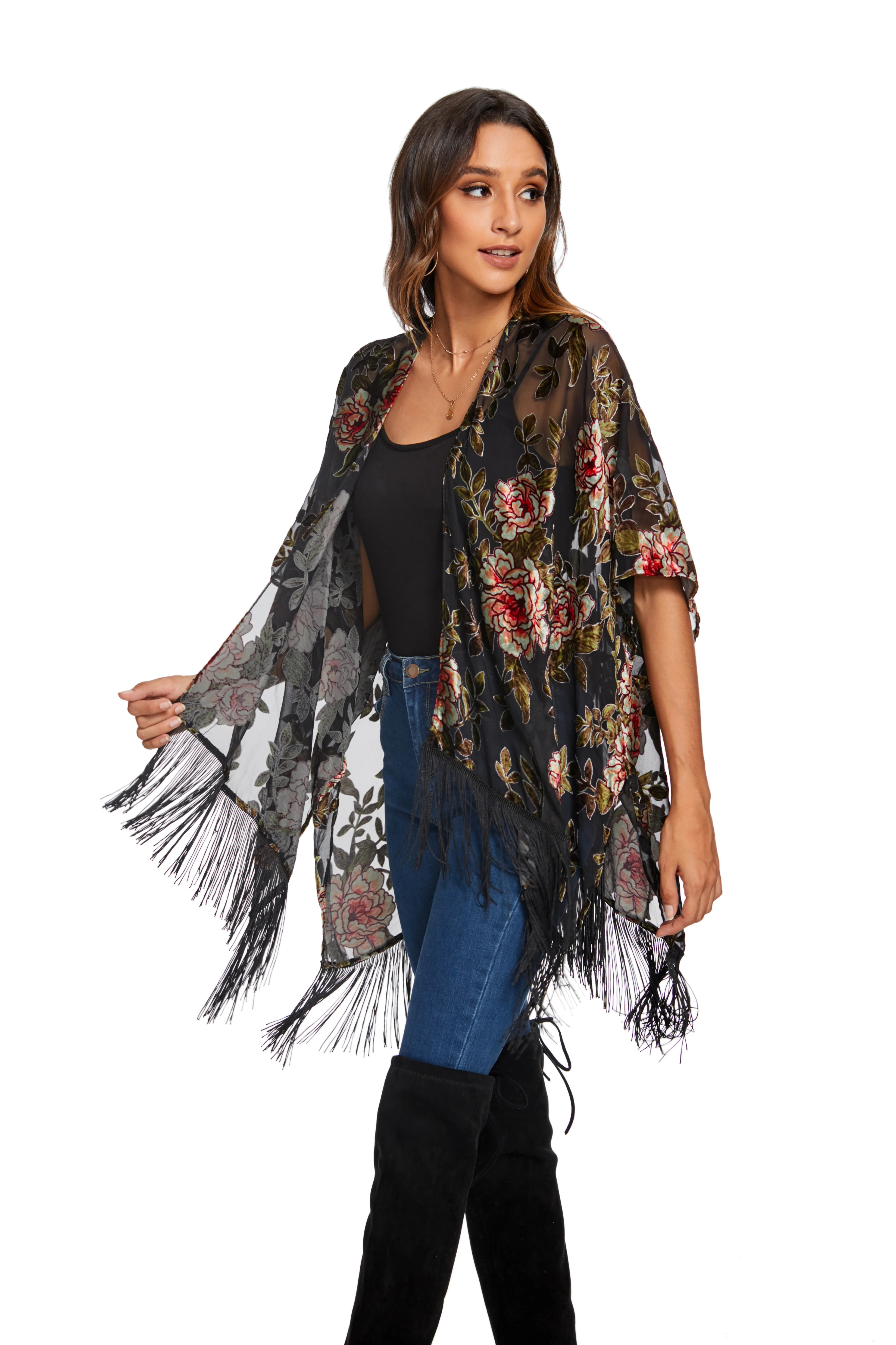 

WeHello Women's Burnout Velvet Kimono Black Flower Long Cardigan Cover Up Holiday Casual Cardigan Shawl Tops