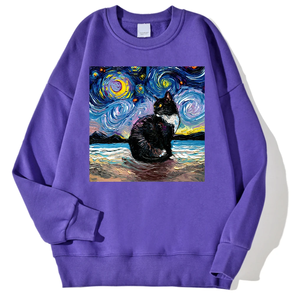 Cat Starry Sky Universe Prints Male Sweatshirt Fashion Loose Autumn Hoodies Soft Fleece Casual Pullovers Simple O-Neck Clothes