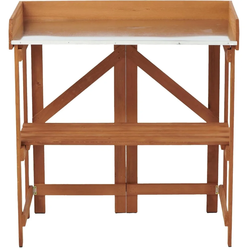 

Outdoor Folding Potting Bench with Open Shelves, Wooden Garden Solid Wood Workstation Table, Farmhouse Style Workbench for Plant
