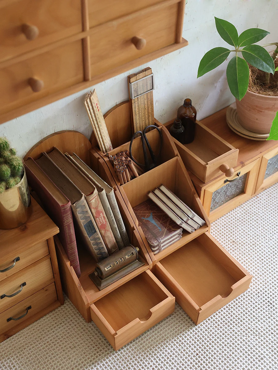 Vintage Multi-Layer Office Desk Storage Organizer Wooden Box Pen Holder Desktop Shelf Adjustable Mini Bookshelf