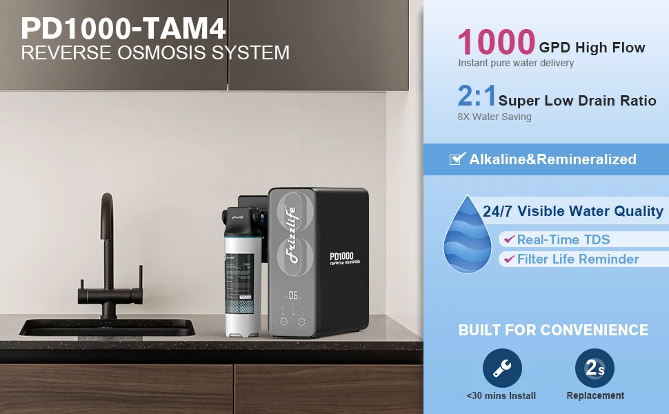 1000G Smart TDS Display Tankless Undersink Reverse Osmosis Systems for Hotel, Commercial, Household, 3/8