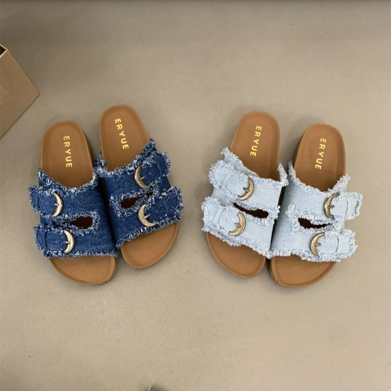 Women's Shoes 2025 New Flat Women's Slippers Slideshow Summer Platform Metal Buckle Beach Luxury Roman Sandals Zapatos De Mujer