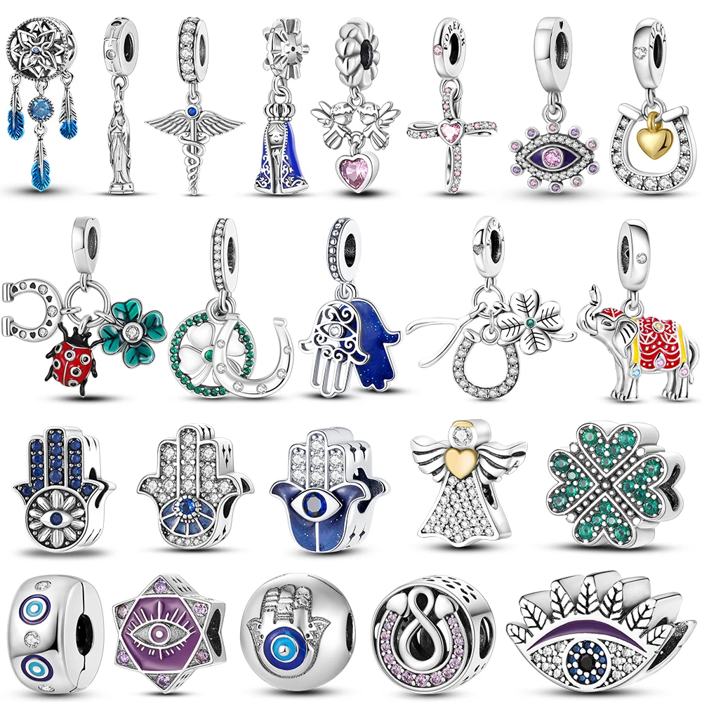 Versilbert Glück Hufeisen Blue Eye Fatima Hand Perlen Charm Fit Original Armband Halskette Anhänger