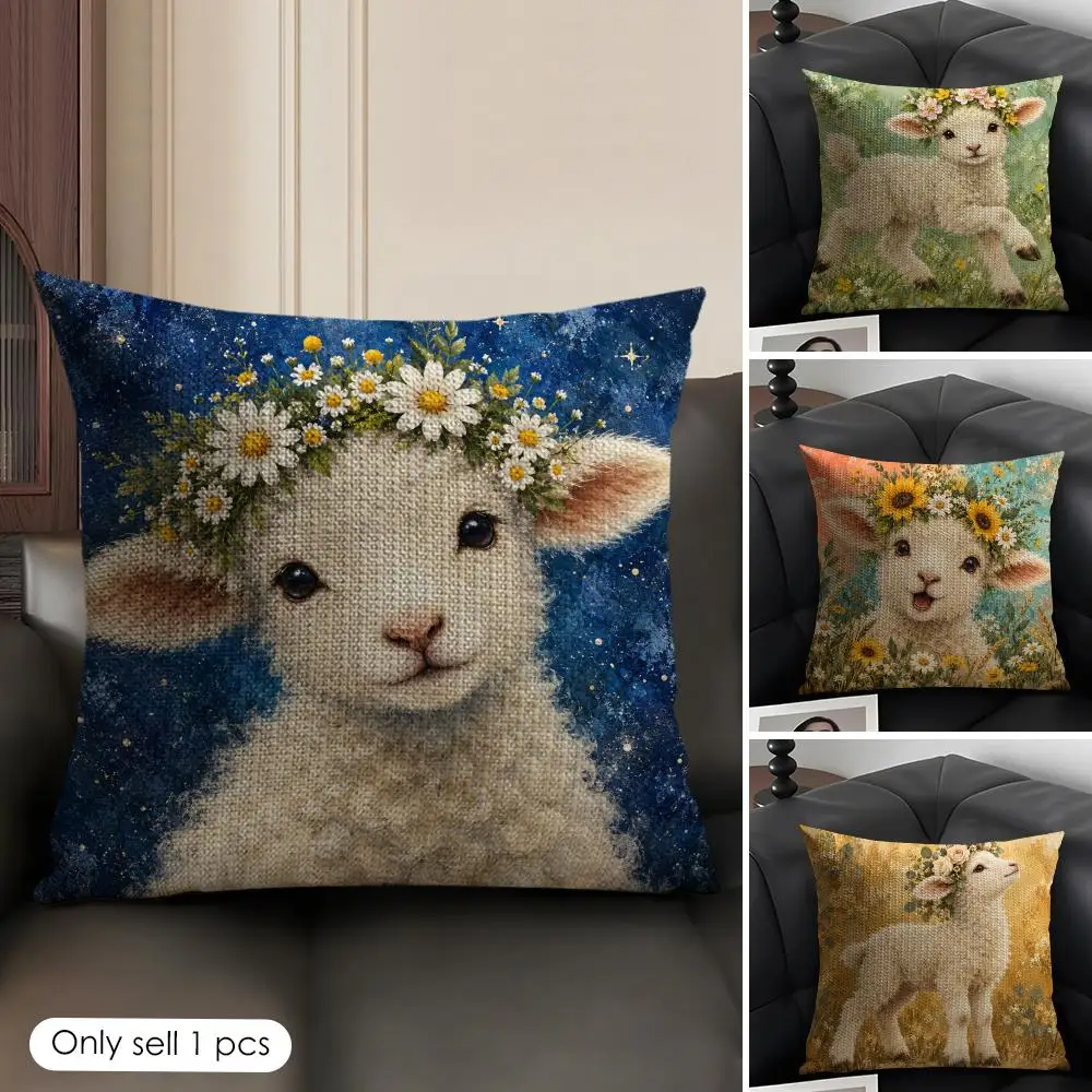 Baby Lamb Daisy Crown Cushion Cover Skin-Friendly Organic Linen Pillow Cover Durable Hypoallergenic Washable Soft