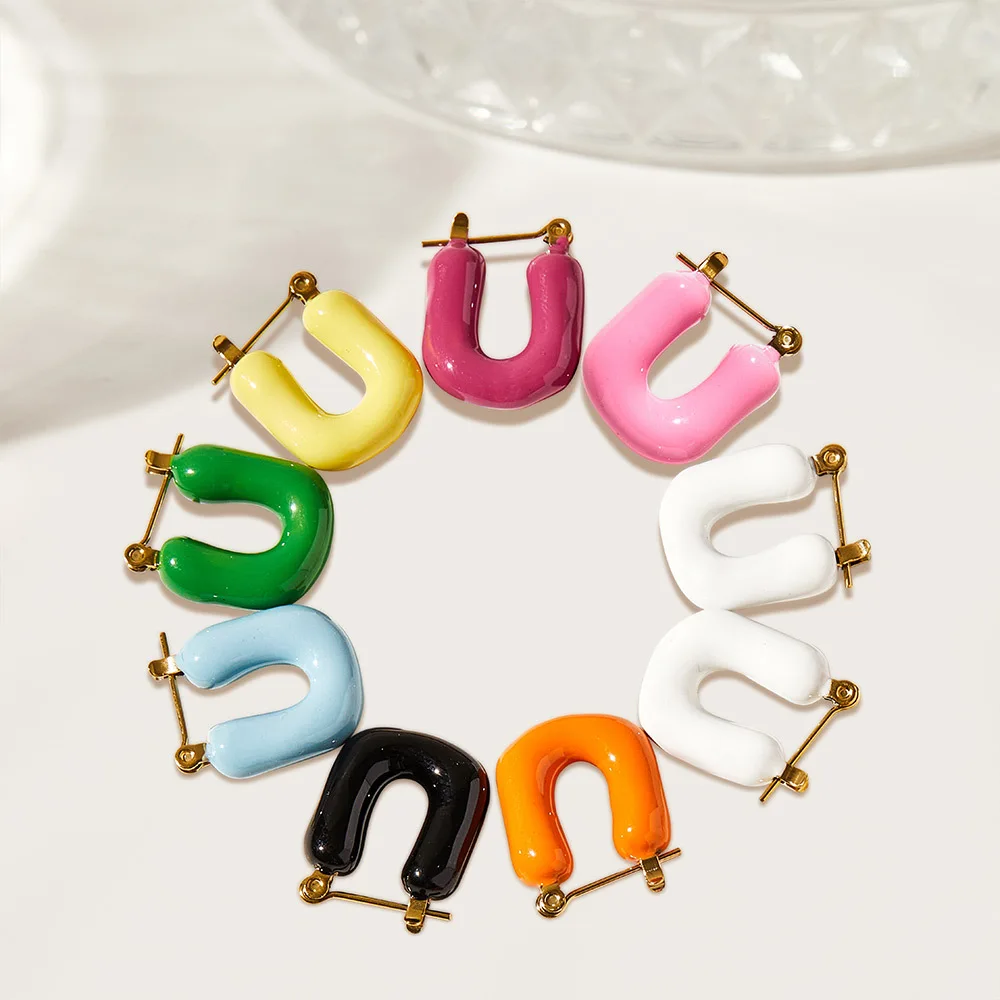 Stainless steel letter earrings Colorful dripping Jelly earrings U-shaped cute candy texture sweet cool girly earrings.