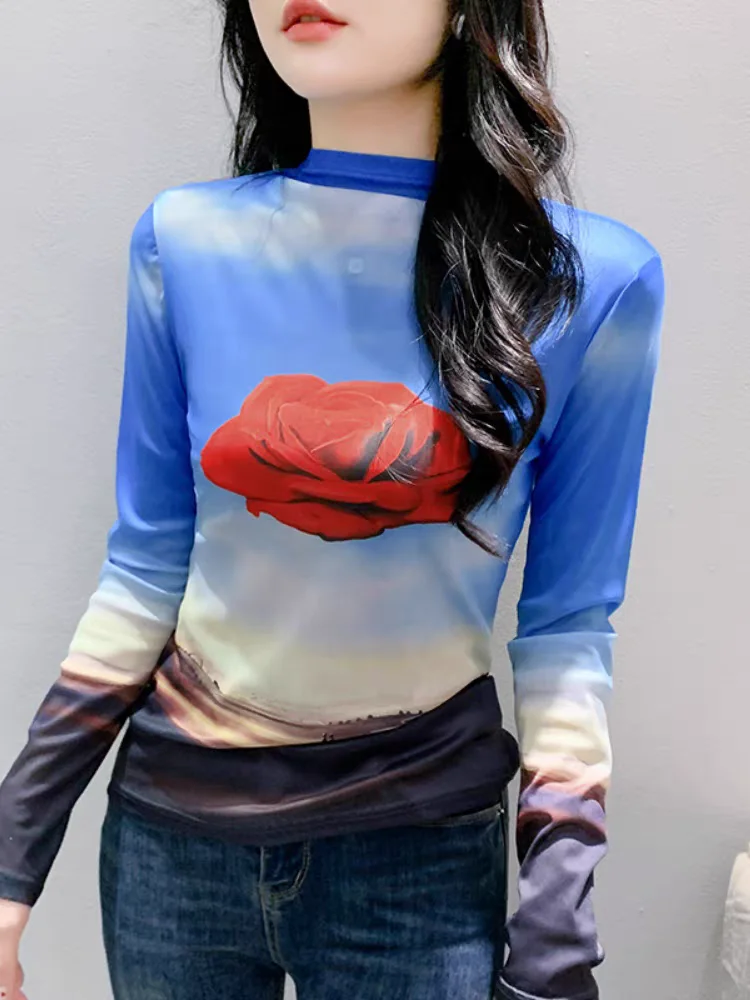 Autumn Spring Chic Printing T-Shirt High-Neck Mesh Base Tops Women Long Sleeve Simple Slim Fit Tees Blouse