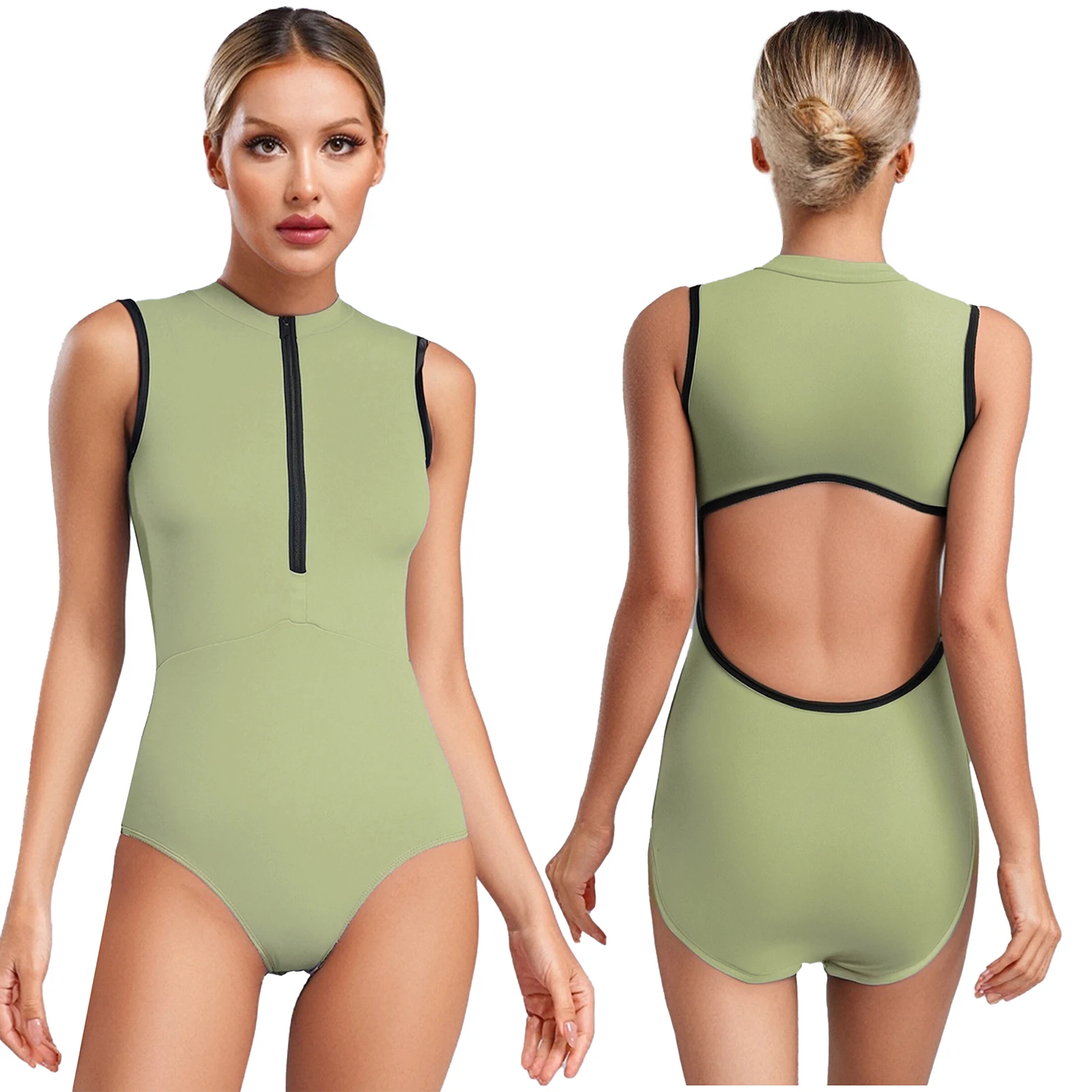 

Womens Practice Ballet Dance Leotard Back Hollow Out Front Half Zip Removable Cups Bodycon Professional Gymnastics Bodysuit