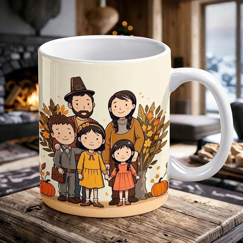 

11 oz Pilgrim Family Handle Ceramic Mug, Full Print Pattern Coffee Cup, Insulated Milk Mug, Office Water Cup, Fade-Resistant