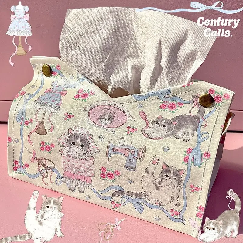 Cat Tailor Shop Paper Towel Box  Drawstring Box Light Luxury Art Gift Ins High-end Cute Personality Car Home Use Tissue Boxes