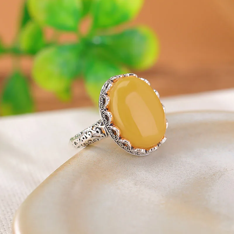S925 Sterling Silver Amber Hetian Jade Auspicious Ruyi Grass Pattern Hollow Ring