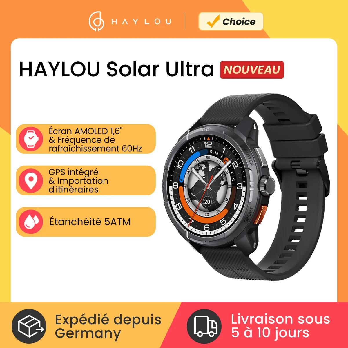 HAYLOU – montre connectée solaire Ultra GPS, écran AMOLED de 1.6 pouces, taux de rafraîchissement de 60Hz, appels Bluetooth, résistance à l'eau 5ATM, montre intelligente de sport
