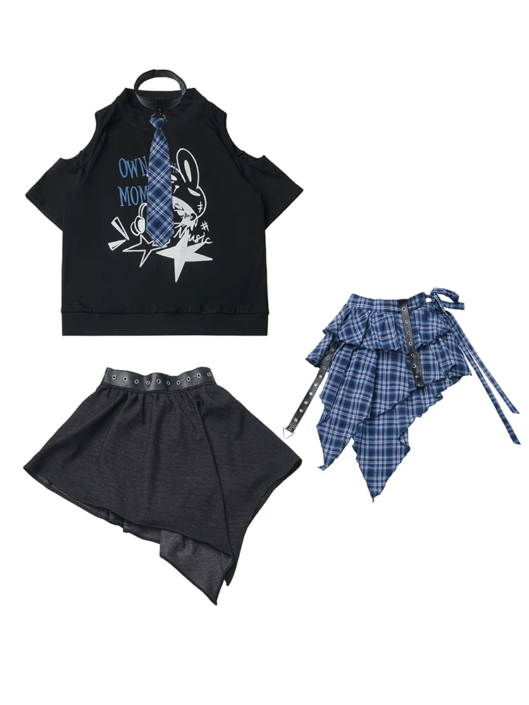 Summer New Style Black Off-Shoulder Short-Sleeve T-Shirt Plaid Belted Skirt Curtain Uneven Half-Skirt Three-Piece Set for Girls