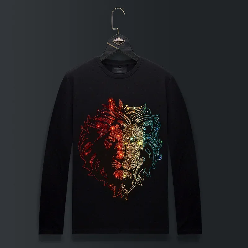 

Мужские футболки с длинным рукавом больших размеров, модная уличная одежда со стразами и круглым вырезом, тонкие хлопковые футболки из модала, мужская одежда
