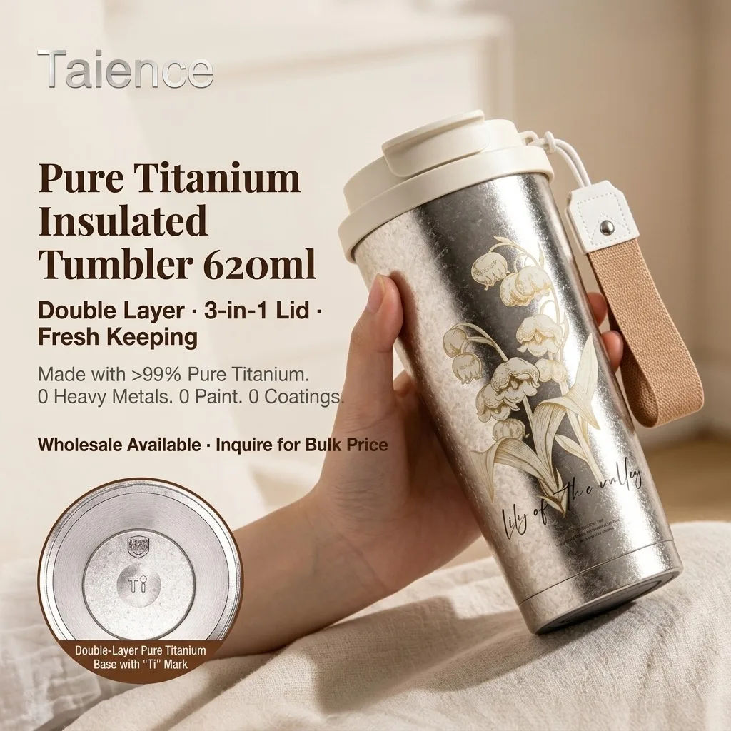 Taience Titanium Coffee Cup 620ml Insulated Tumbler with 3 in 1 Lid Tea Infuser Detachable Straw Leak Proof Gift Box