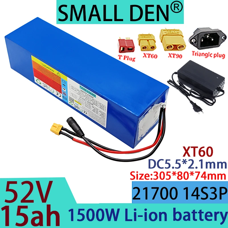 New 52V 15ah 14S3P 21700 lithium battery pack, Class A battery with 0-1500w high power, 58.8V+2A 3A5A charger, solar outdoor