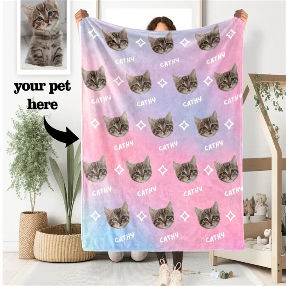 Personalisierte Haustierkopf-Gesichtsdecken für Katzen und Hunde, individuelle Fotodecke mit Namen, Überwurfdecke, Erinnerungsgeschenke – Detail 5