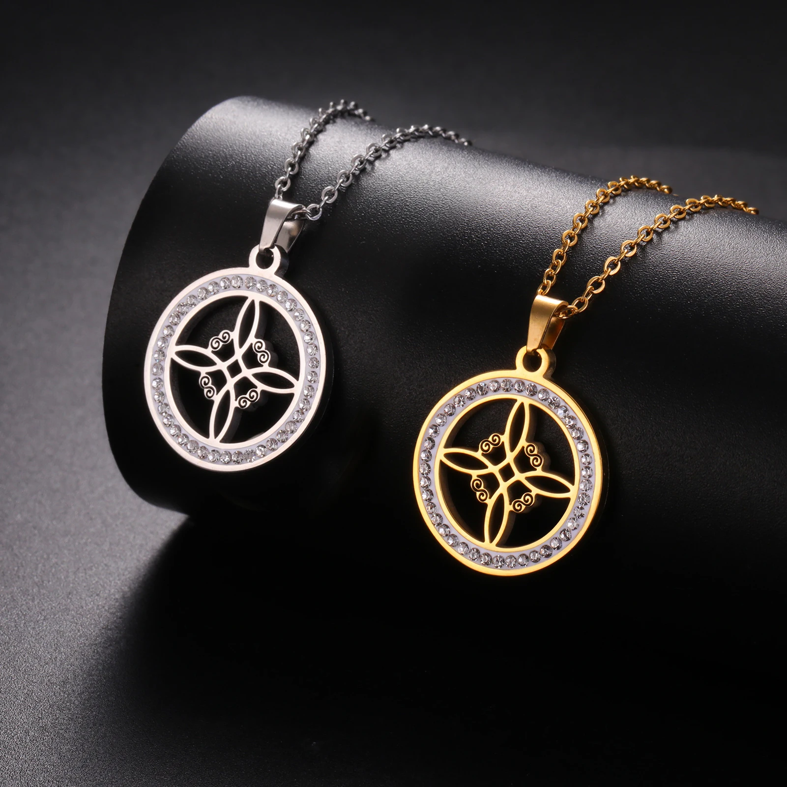 Amaxer Stainless Steel Shiny Zircon Surround Witch Knot Coin Pendant Necklace for Men and Women Amulet Wicca Memorial Jewelry