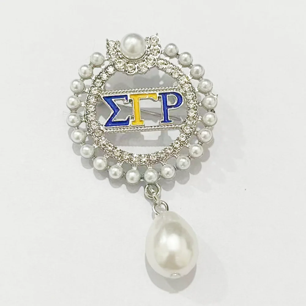 Sigma Gamma Rho Round Yellow Blue Enamel Diamond Pearl Openwork Brooch