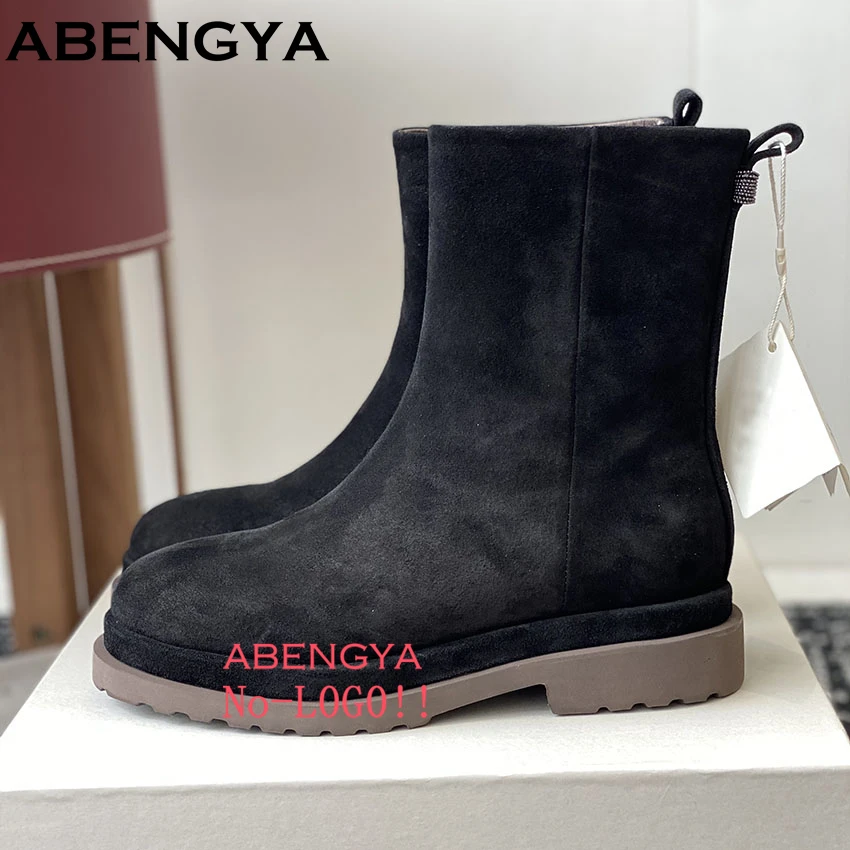 Suede Leather Short Boots Woman String Bead Chain Thick Sole Shoes Woman Round Toe Slip-on Knit Patchwork Flat Ankle Boots Women