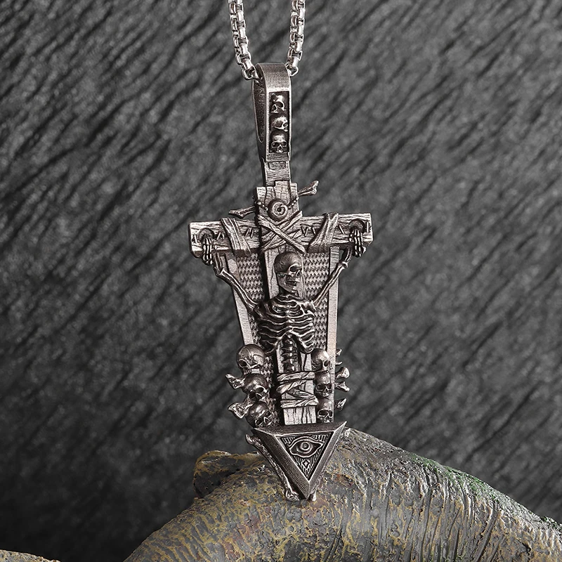 Retro Gothic Skull Cross Triangle Eye Pendant Necklace Men's Punk Rock Trend Amulet Jewelry