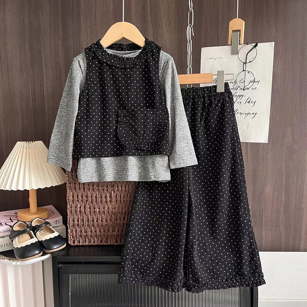 Autumn Kids Clothes Korean Version Casual Girls' Clothing Black Polka Dot Vest+Long Pants+Gray Long Sleeved Top Three Piece Set