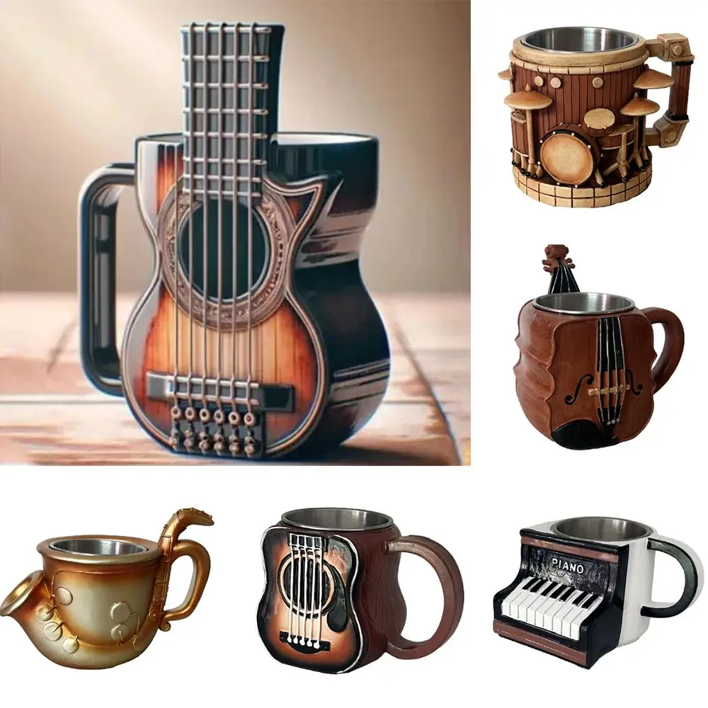

Stainless Steel Musical Instrument Coffee Mug Handcrafted Durable Guitar Style Water Cup Comfortable Handle Easy To Clean