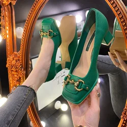 Women's medium heel summer French style back hollow women's thick heel square toe Mary Jane shoes black and green women's shoes