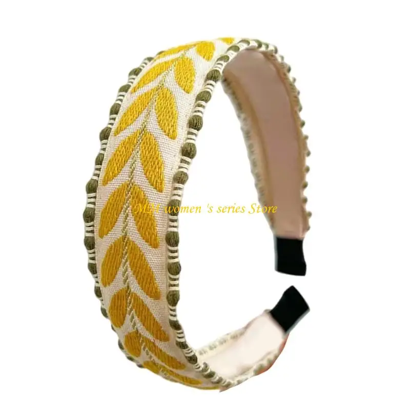 Q39C ربطة شعر بعقدة مطرزة بأوراق فنية للنساء والفتيات عصابات رأس عصرية واسعة وإكسسوارات شعر لعطلات الشاطئ