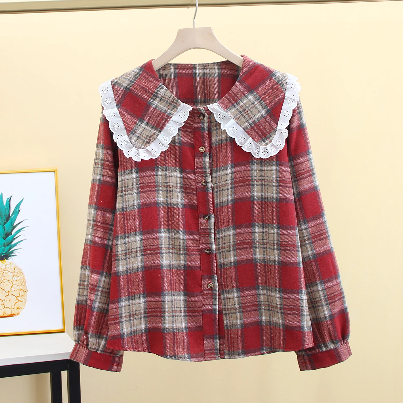 Lace Spliced Checkered Shirt Women's Long Sleeved Spring Autumn New  Loose Sweet Doll Top Classic Single Breasted Blouse