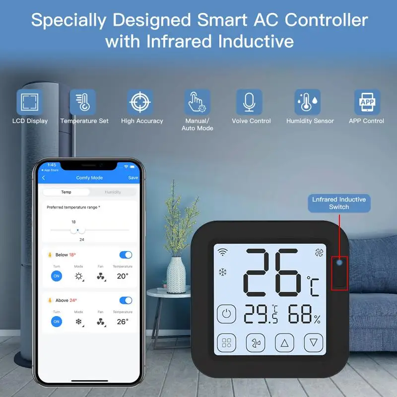 

Tuya WiFi IR Thermostat Controller LCD Screen Touch Button Wireless Remote Built-in Temperature and Humidity Sensor alexa