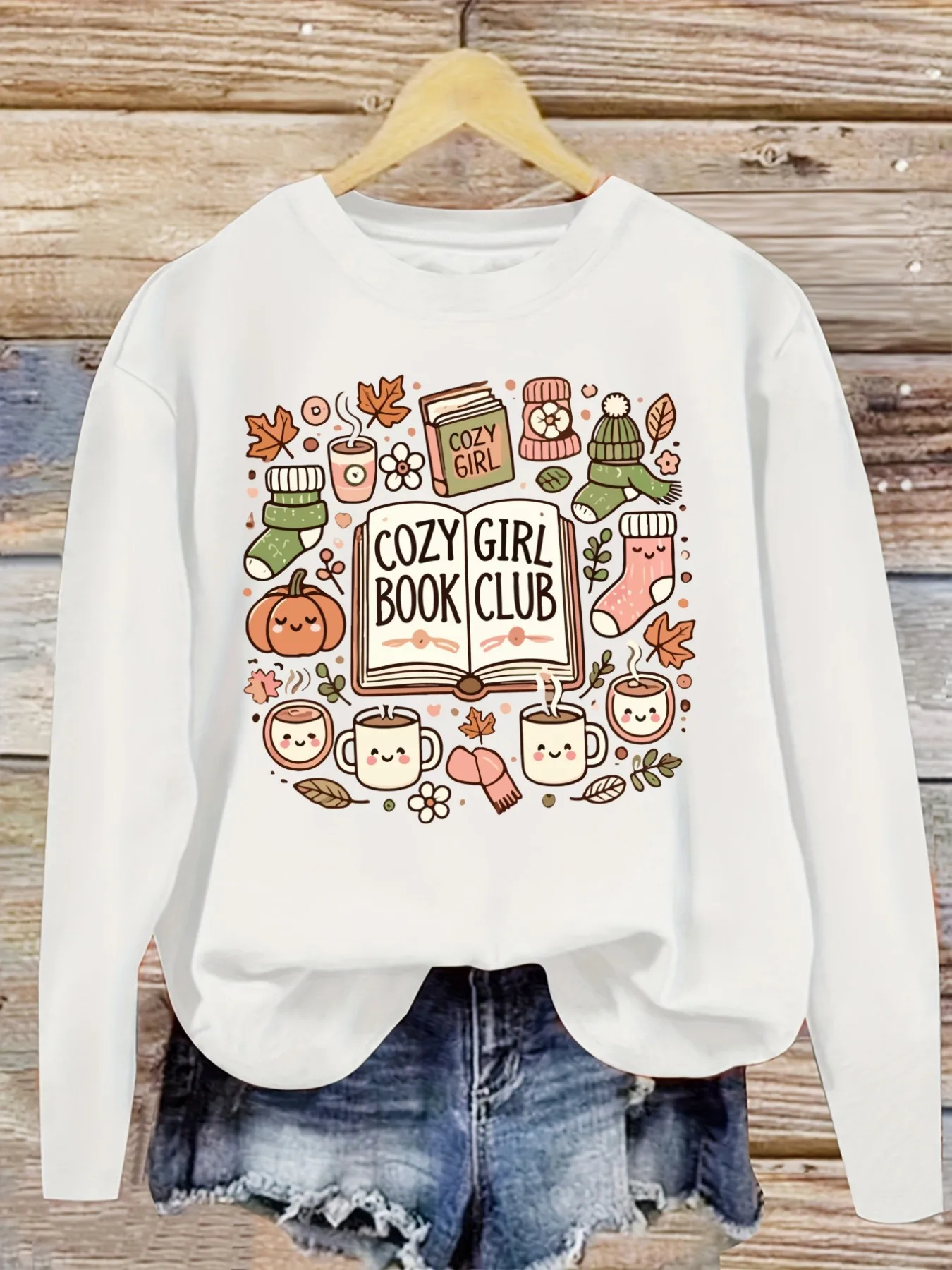 Women's Casual Long Sleeve Crew Neck T-Shirt Cozy Girl Book Club Autumn Design, Round Neck Women's Clothing, Machine Washable, Slightly Elastic, Loose Fit, Spring Autumn Winter Women's T-Shirt, Halloween Costume Outfit view 5