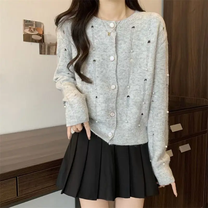 Temperament Small Fragrance Button Heavy Industry Knitwear Nail Bead Sweater Jacket New Loose Knit Cardigan Top Women's Autumn