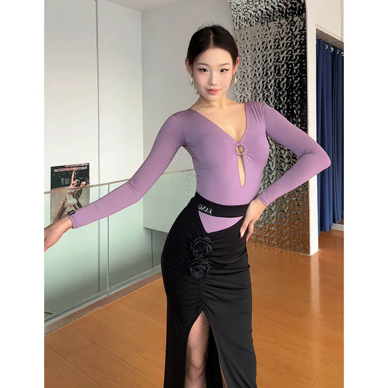 

Новая женская одежда для латинских танцев, тренировочная одежда с длинными рукавами, топы с разрезом, юбка, танцевальный костюм для румбы, сальсы, танго 26051