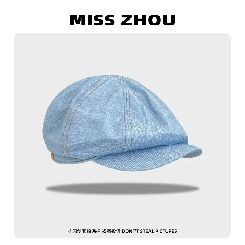 

Japanese Simple Solid Color Denim Berets for Women Spring and Autumn Literary and Retro Casual Short Brim Octagonal Newsboy Cap