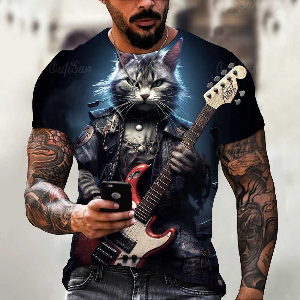 Summer Short Sleeve Animal T-Shirts Rock Cat 3D Print Fashion Casual Street Oversized Men's Comfortable And Breathable Clothing