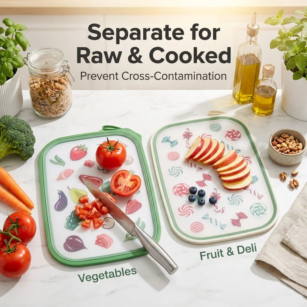 2pcs cutting boards, double-sided household cutting boards for separating raw and cooked foods, with cartoon patterns to distinguish fruits, vegetables, and meats, effectively avoiding food cross-contamination, non-slip edge cutting board, kitchen food preparation chopping board, durable and easy to clean, specialized board for cutting fruits, meats, and vegetables, a healthy cooking tool for home kitchens.