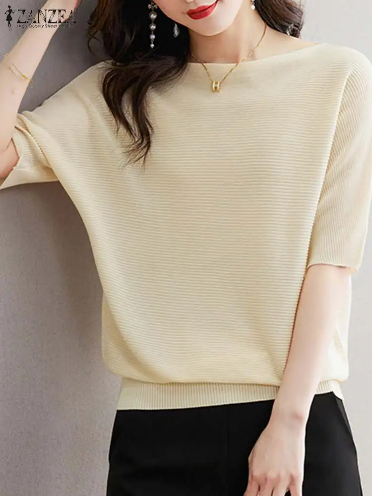 ZANZEA Korean Fashion Ribbed Blusas Elegant Women OL Solid Color Shirts 2024 Summer Half Sleeve Casual Loose Boat Neck Blouses