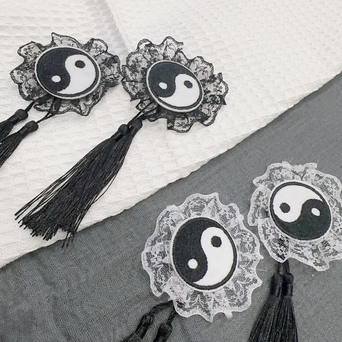 Y2K Punk Zwart Wit Tai Chi Haar Clip Kant Kwasten Haarspeld Hoofddeksels voor Vrouwen Lolita Haaraccessoire