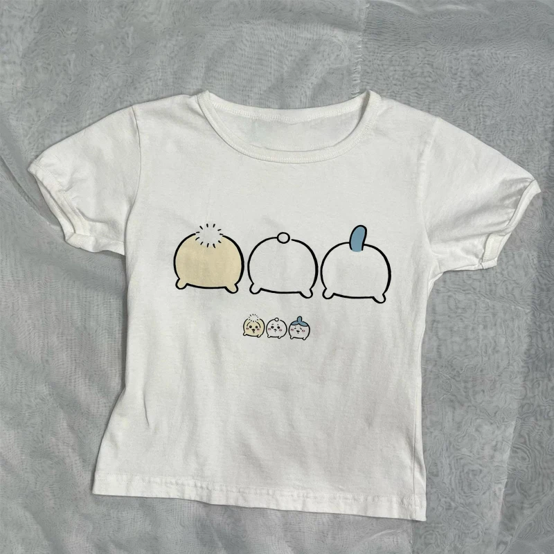 2000s خمر المرأة المحاصيل الأعلى فاسق الشارع الشهير ضئيلة الجمالية Chiikawa طباعة الجرونج Y2k الملابس القوطي ايمو الطفل المحملة النساء بلايز 90s