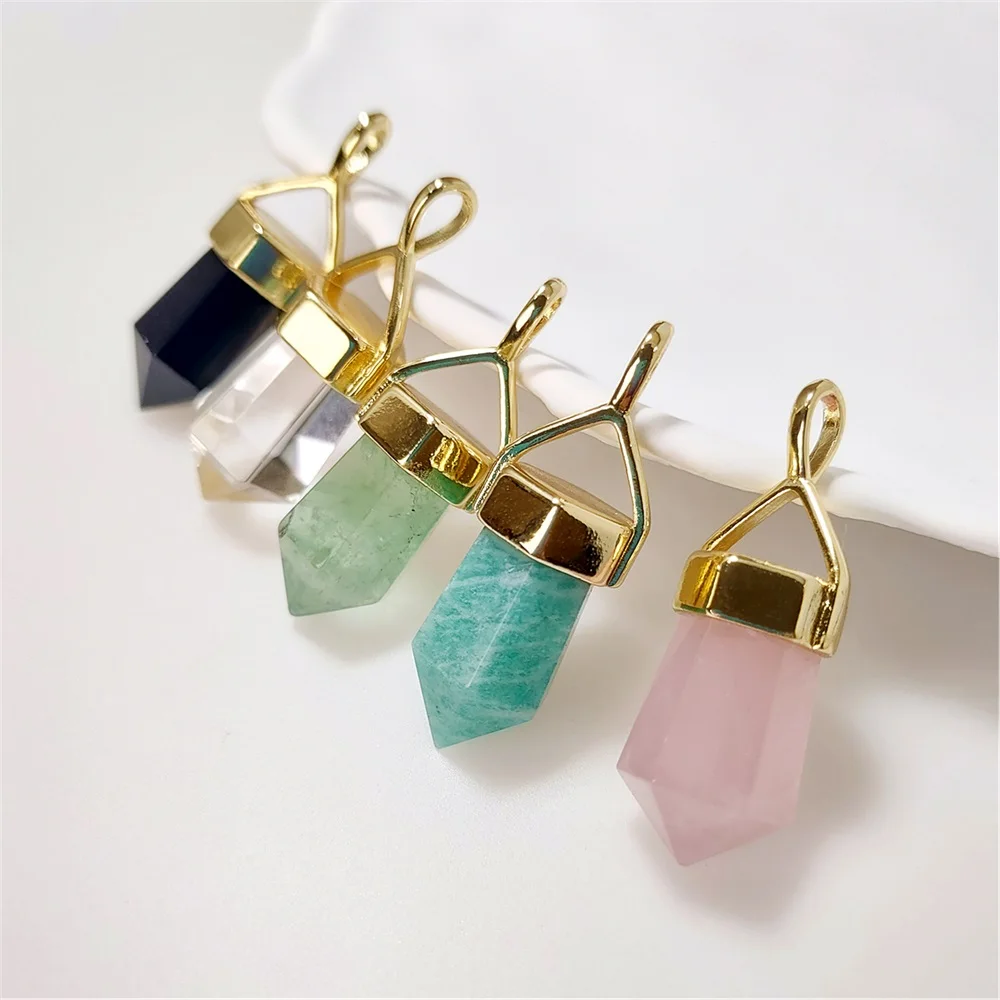 FUWO 1Pc Natural Crystal/Fluorite/Amazonite/Quartz Pendant,Golden Plated Semi-Precious Stone Accessories For Necklace Make PD005