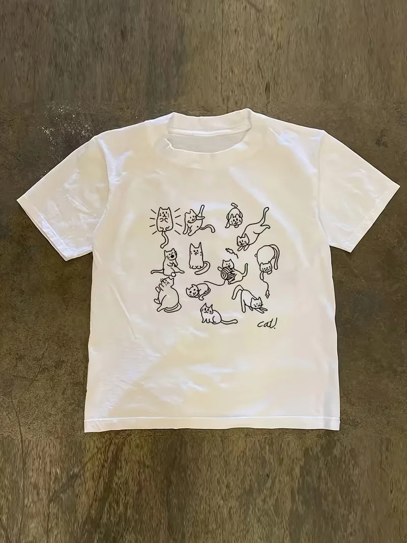 Cute Cartoon Cats Doodle Graphic T-Shirt, Casual Crew Neck Short Sleeve Top, Unisex Summer Daily Fashion Tee for Cat Lovers