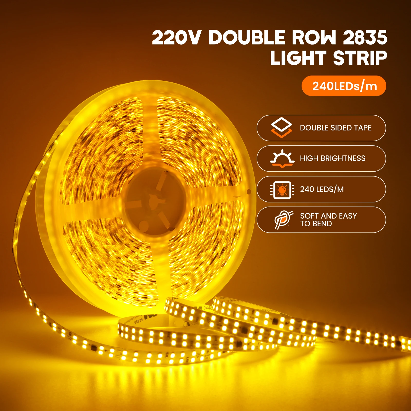 AC 220V 240Leds/M LED Strip IP44 3000K 4000K 6000K 2835 5M 10M 20M/Roll Driver Build In Home Decor Flexible Ribbon Rope Light