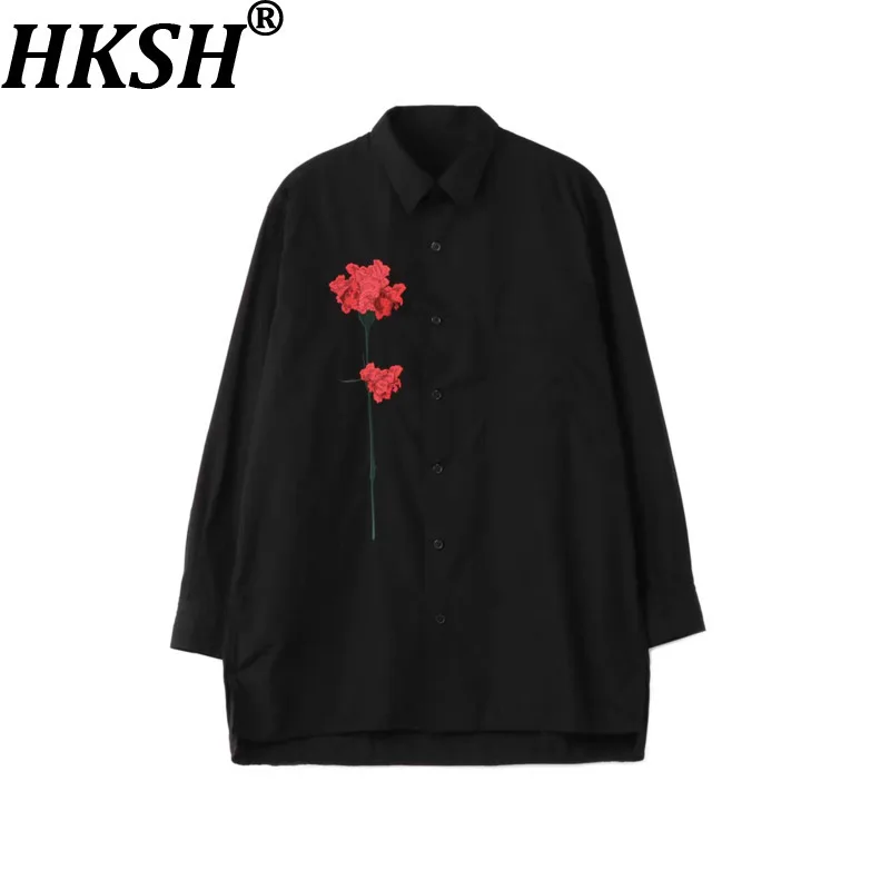 HKSH Spring Autumn New Men Tide Chic Ins Dark Vintage Fashion Long Sleeve Casual Shirt Carnation Embroidery Y2K Punk Top HK28484