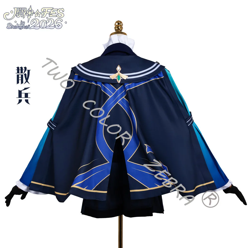 FES Wanderer Balladeer Cosplay Costume Genshin Impact Navy Blue Printed Short Cape Waistcoat Shirt Bow Tie Striped Shorts Gloves - view 5
