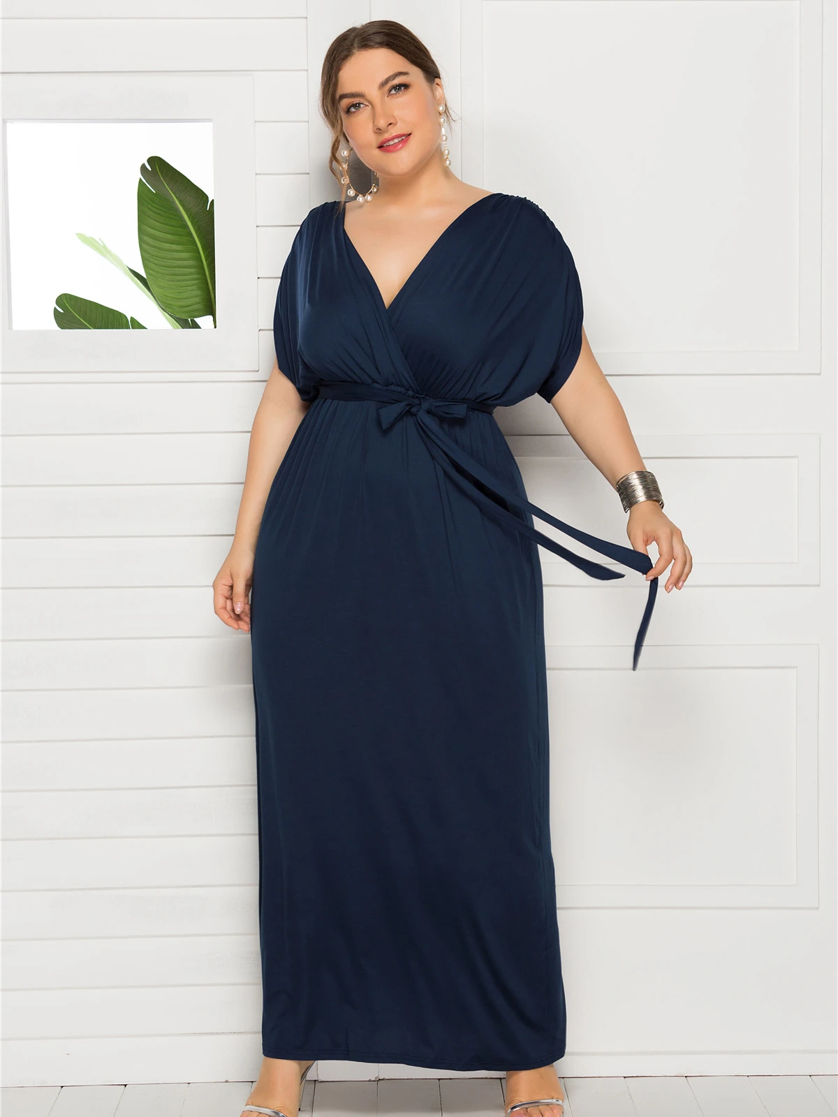 Plus Size Women Maxi Dress Elegant Short Sleeve V-neck Frock Loose Fit Summer Chic Casual Solid Color Ladies Long Skirt 2024